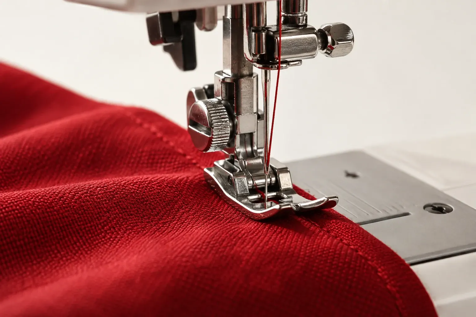 Sewing machine needle and foot stitching red fabric on white platform