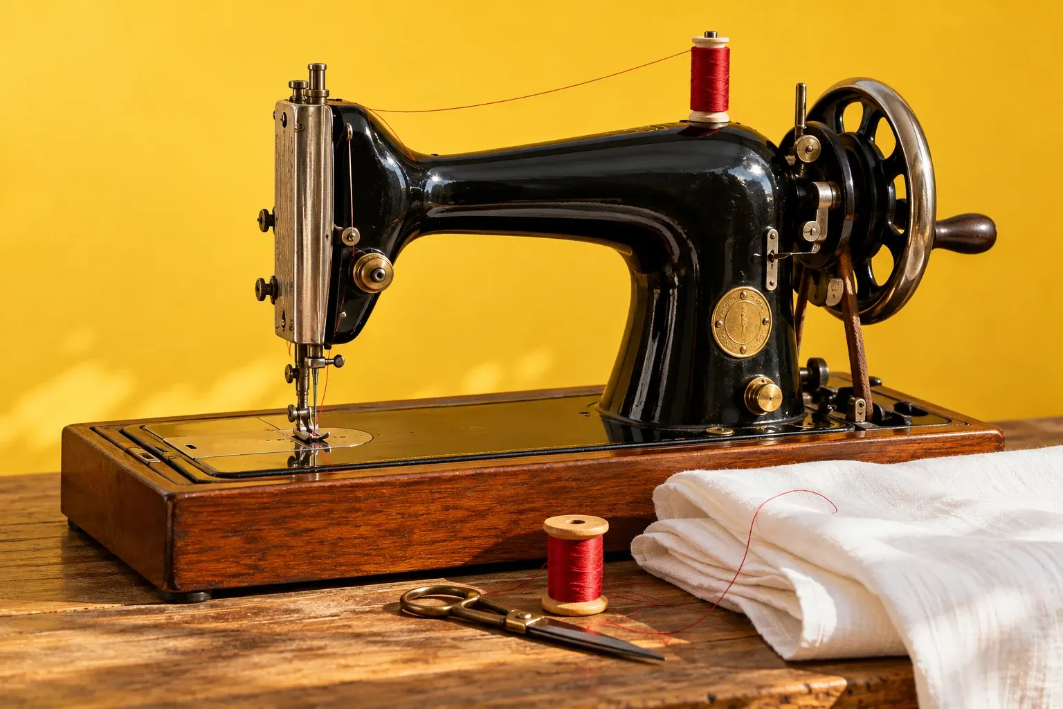 Vintage black sewing machine with wooden base, red thread spool, scissors, and white fabric on wooden table against yellow background
