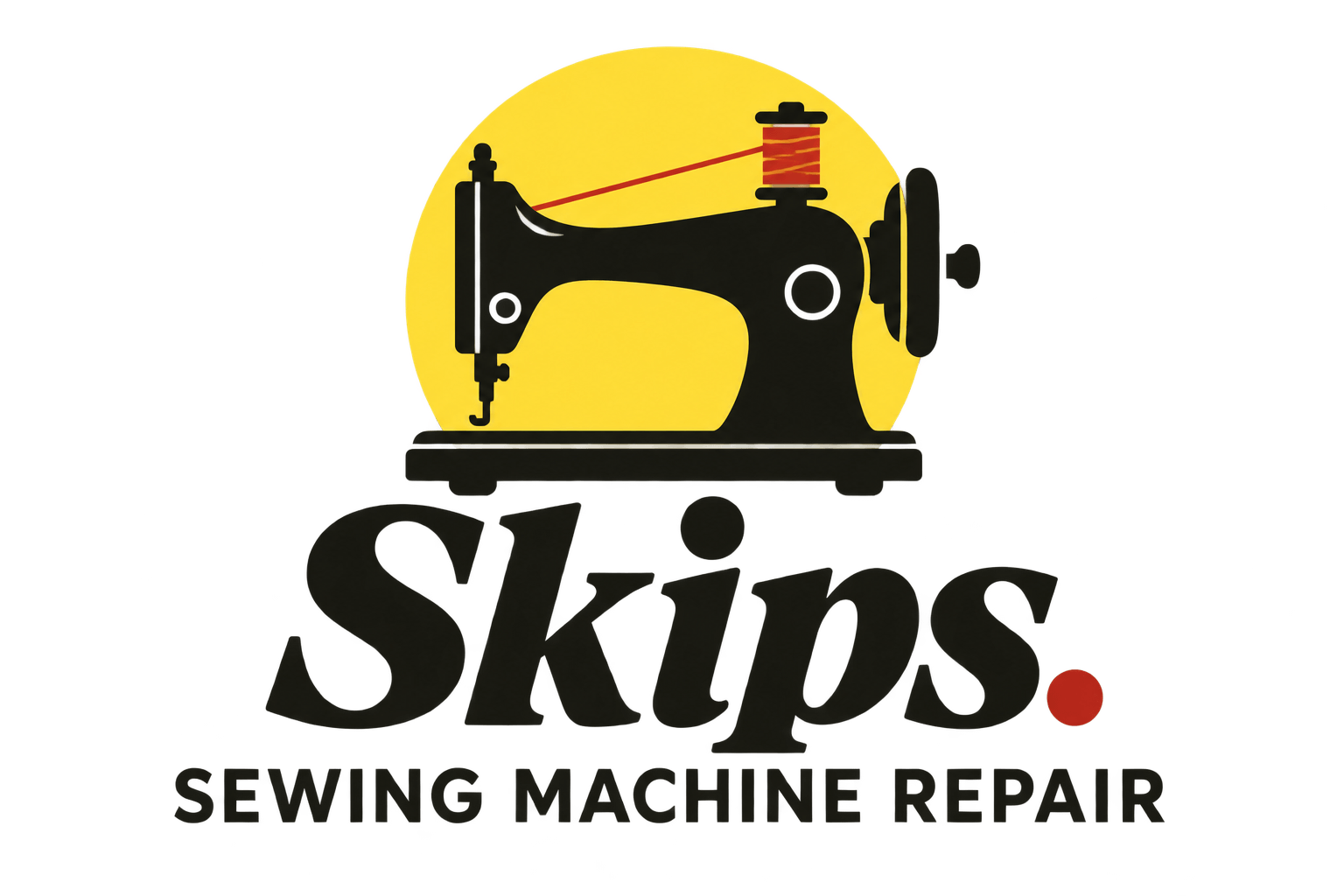 Sewing machine repair logo with black vintage sewing machine and yellow circle background